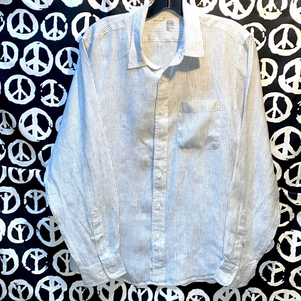 MEN 100% LINEN SHIRT GREY/WHITE STRIPED BUTTONED DOWN LONG SLEEVE SZ S